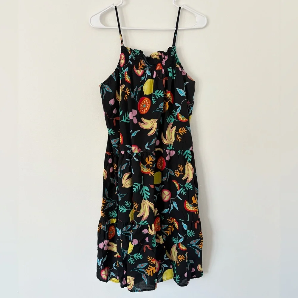 J Crew Black Colorful Fruit Spaghetti Strap Flowy Mini Dress Size XS - Picture 1 of 3